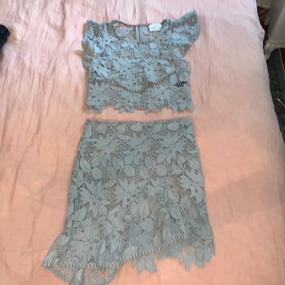 Fitted light blue lace two piece dress